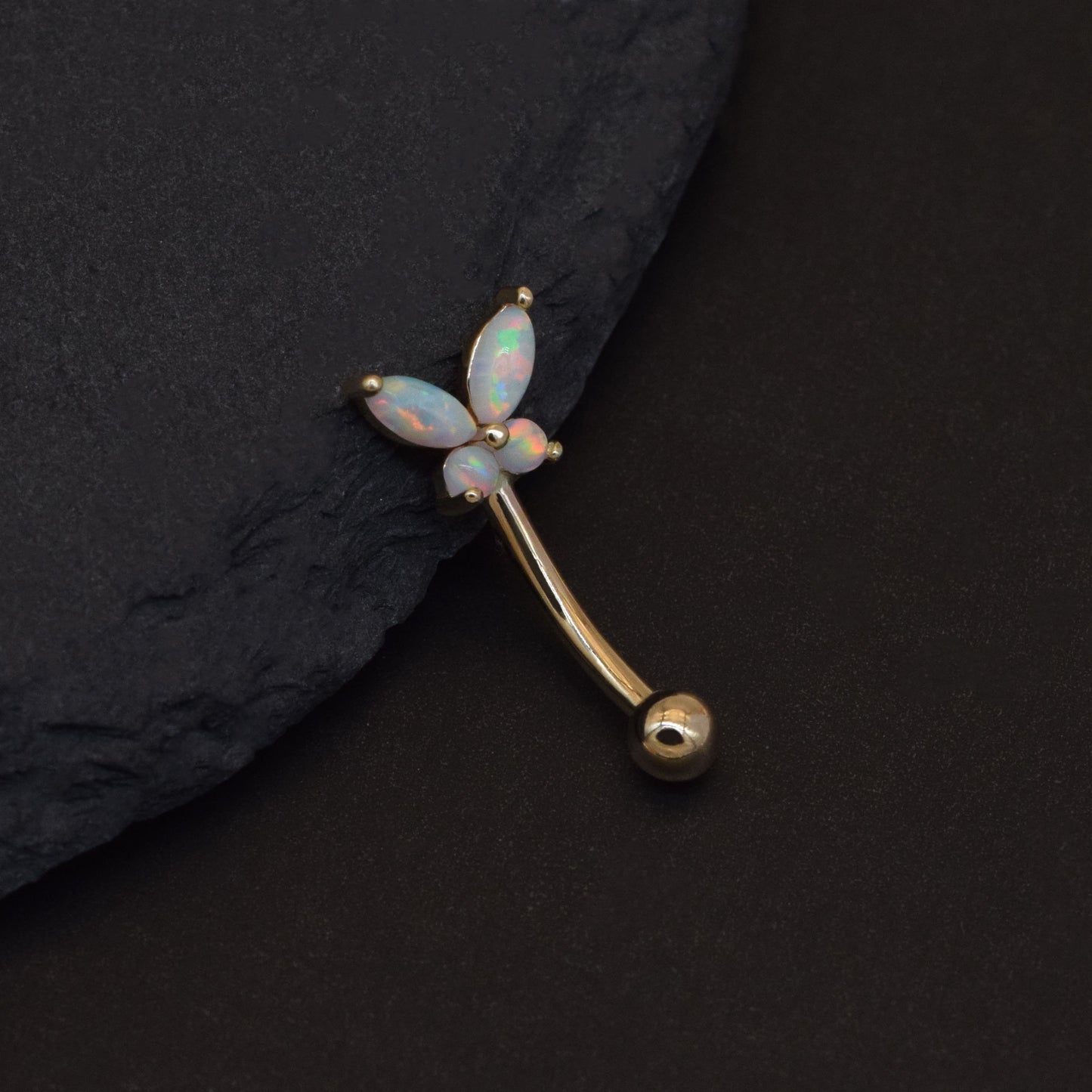 14K Solid Gold Butterfly Opal Curved Barbell 16G