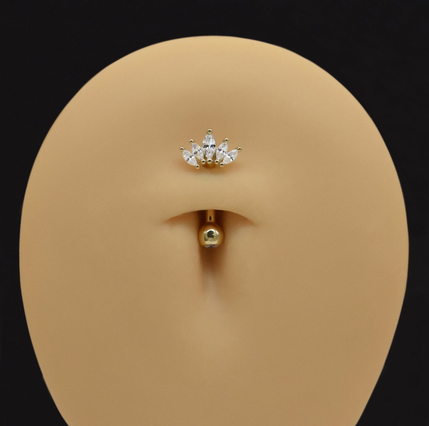 14K Solid Gold Cubic Zirconia Crown Belly Ring Tiara Navel Piercing 14G