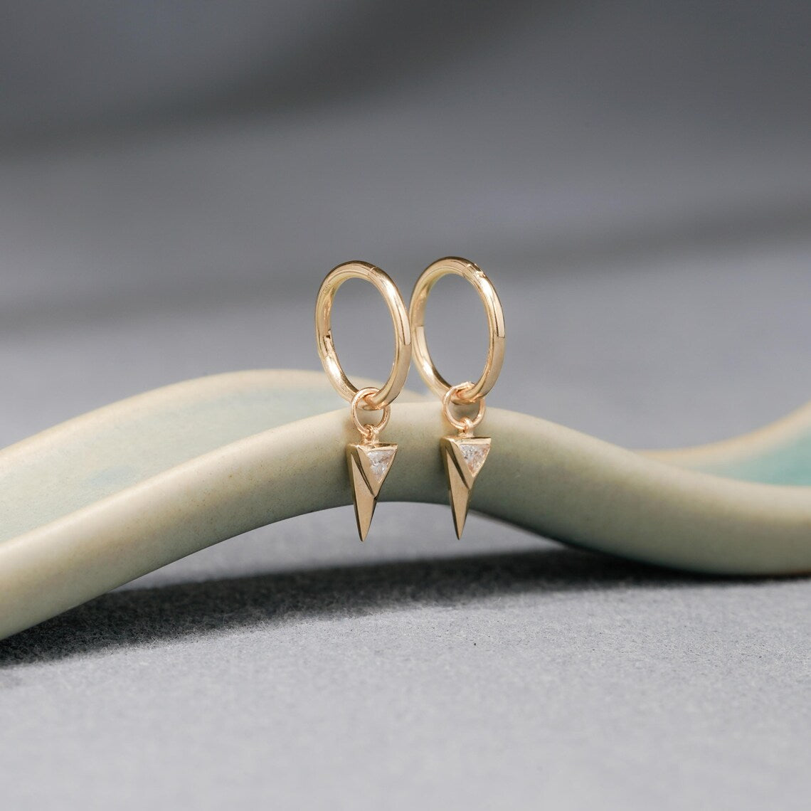 14K Solid Gold Triangle Dangle Hoop Charm