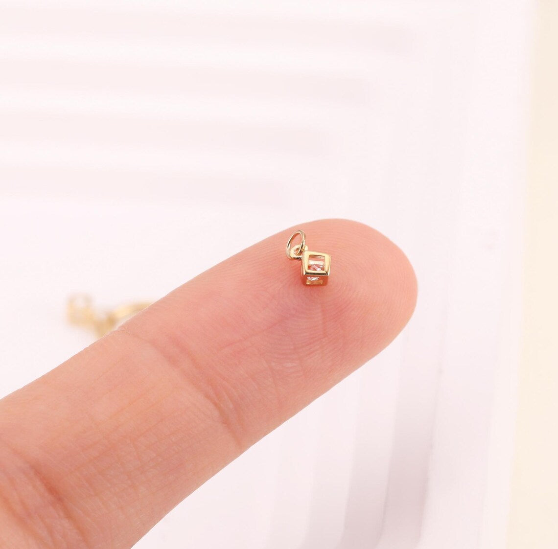 14k Solid Gold Hollow CZ Cube Charm Stud Earring