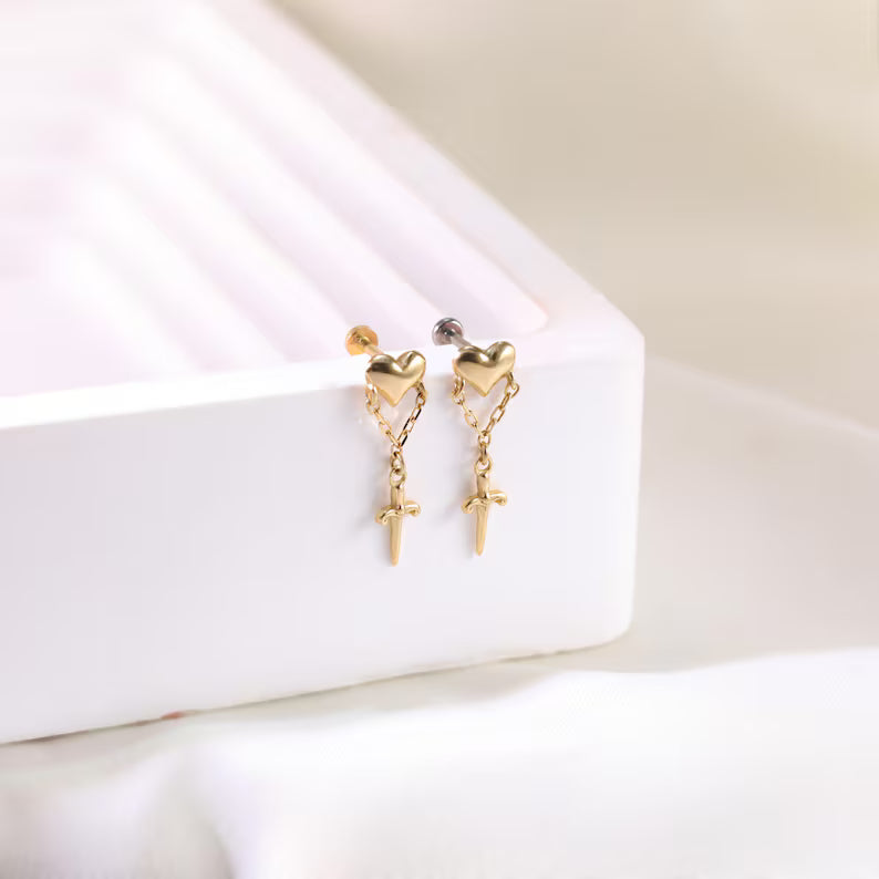 14K Gold Heart Sword Dangle Piercing Studs