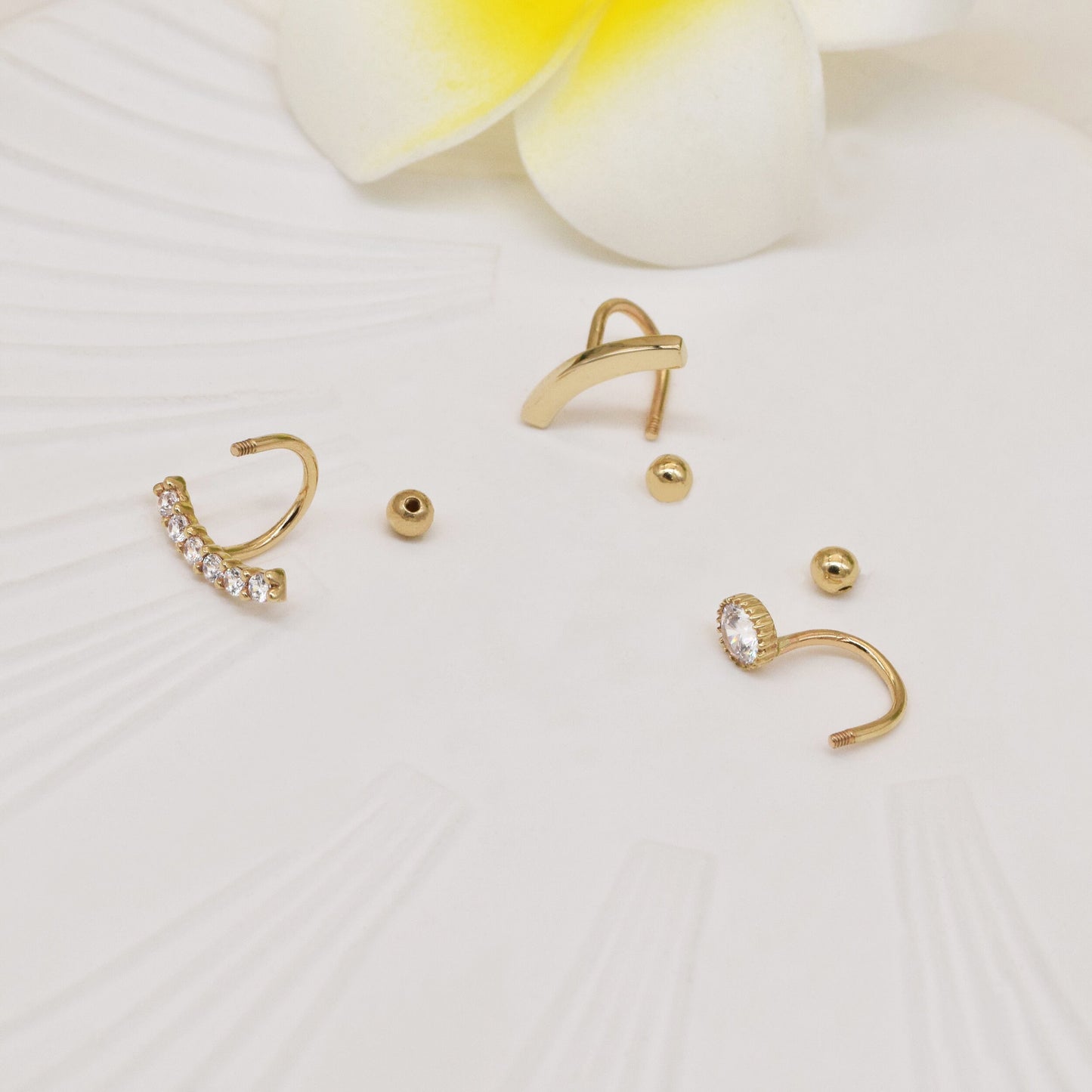 14K Solid Gold U-Shape Double Hole Screw Ball Huggie Earring 18g