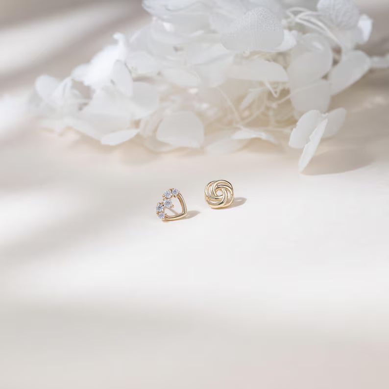 14K Gold Heart Rose Flat Back Studs