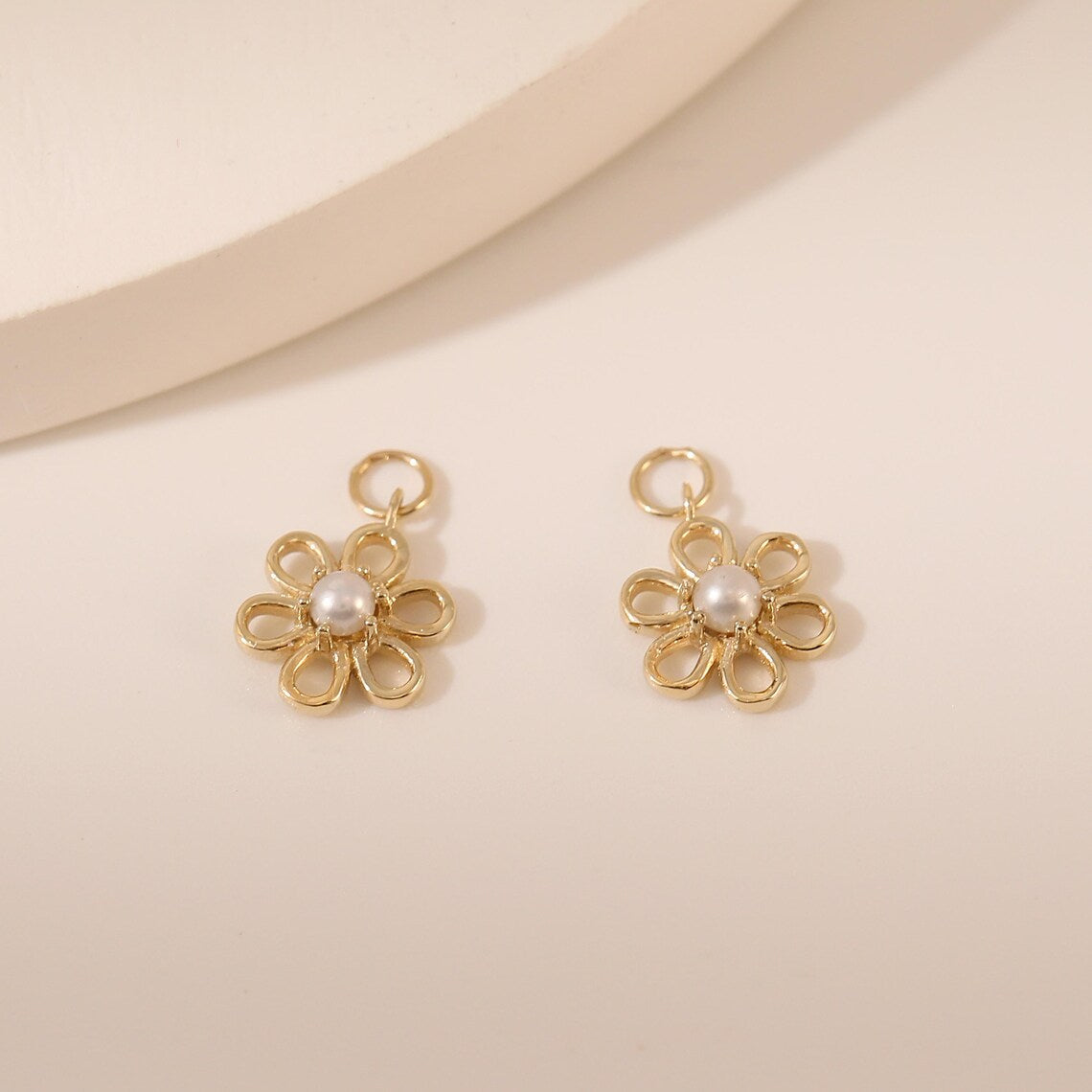 14K Solid Gold Flower Dangle Hoop Earring Charm