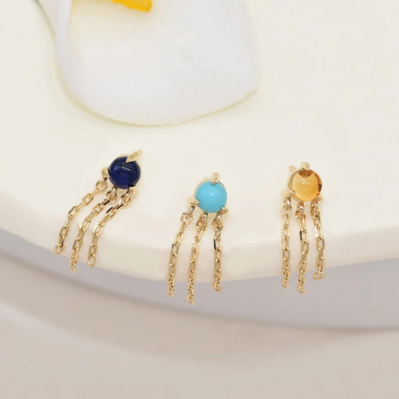14K Solid Gold Gemstone Dangle Stud Earring