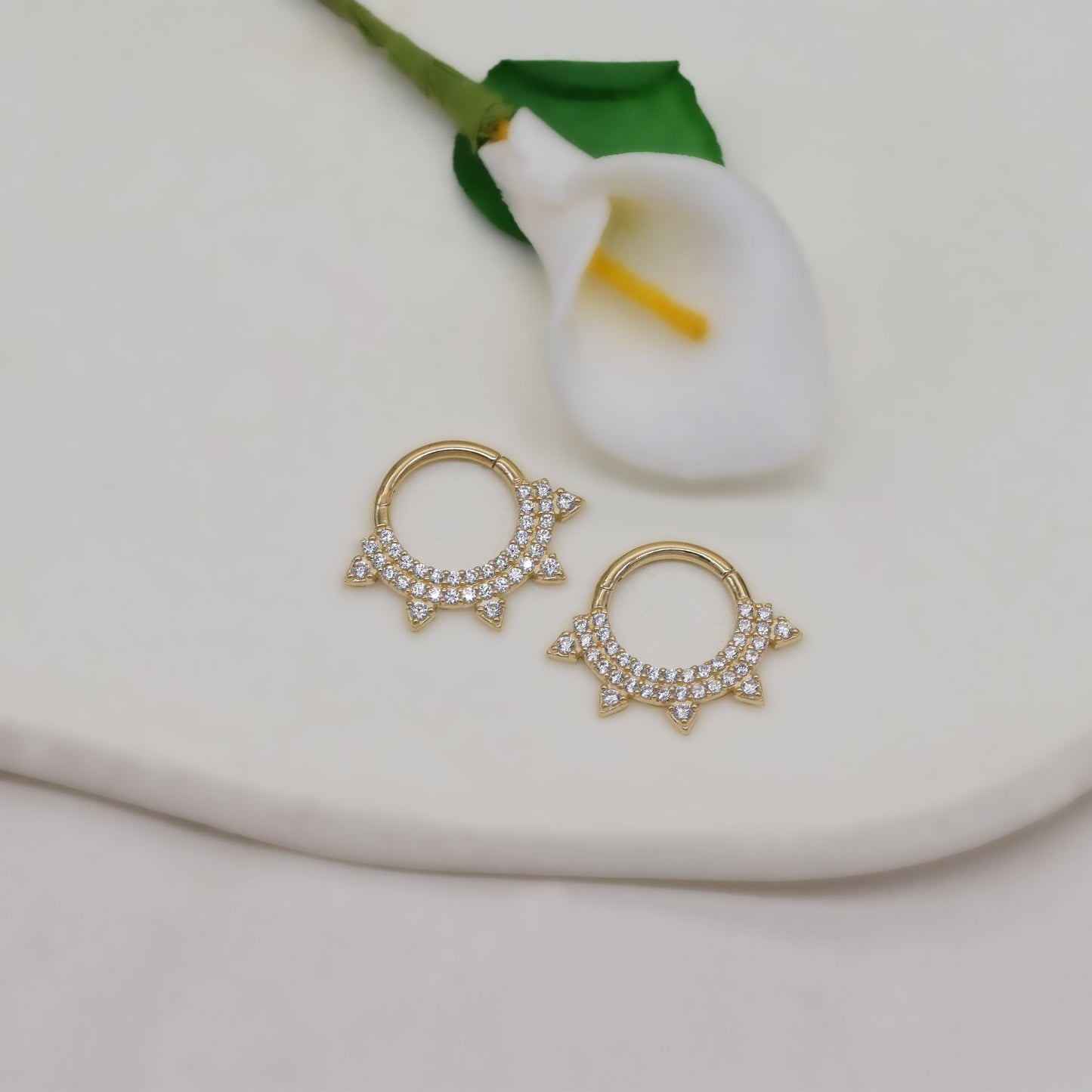 14K Gold Cubic Zirconia Diamond Sunshine Hoop 16G