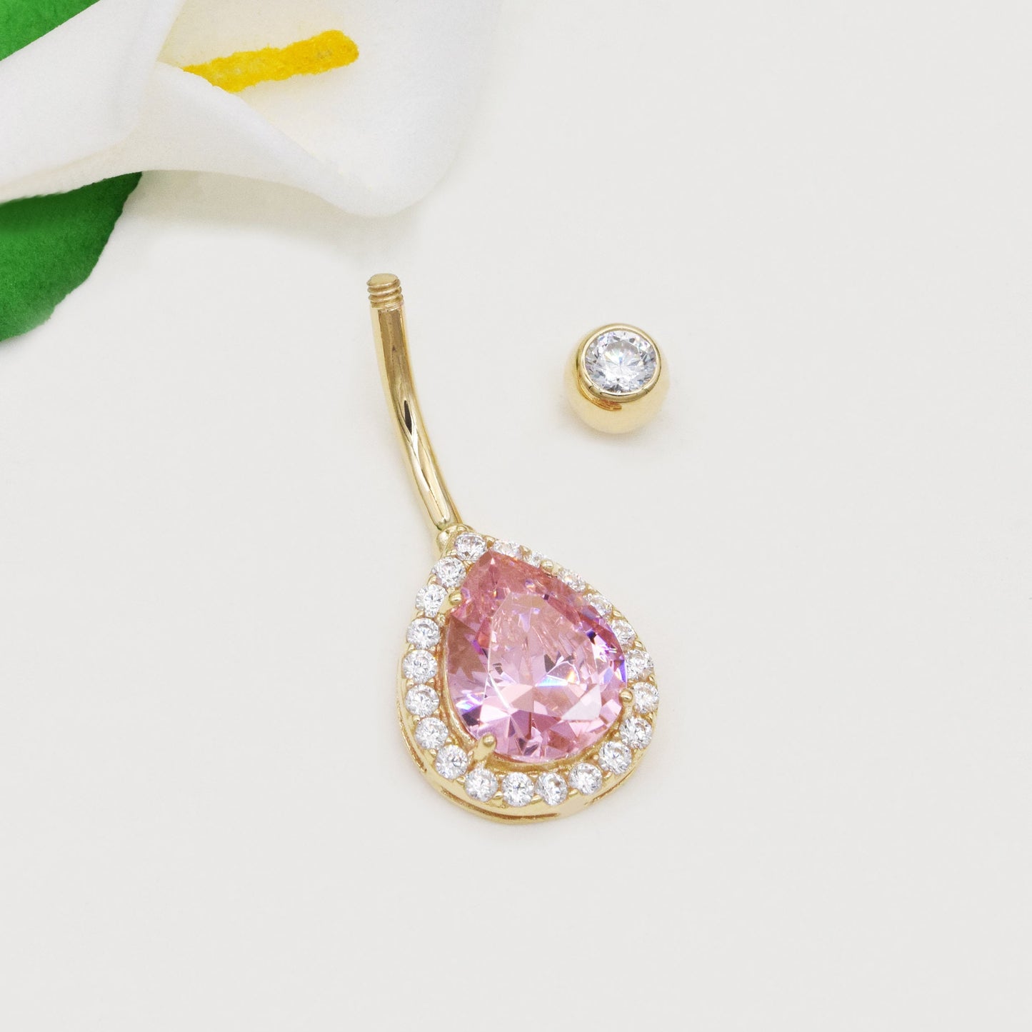14K Solid Gold Pink Teardrop Belly Ring 14G