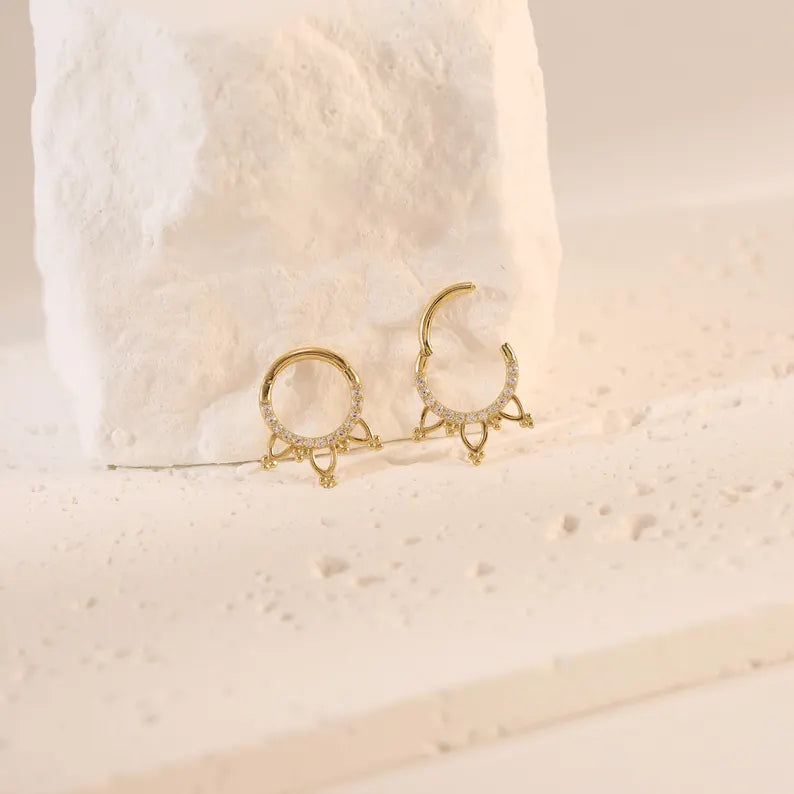 14K Gold Lotus Dangle Septum Hoop 16G