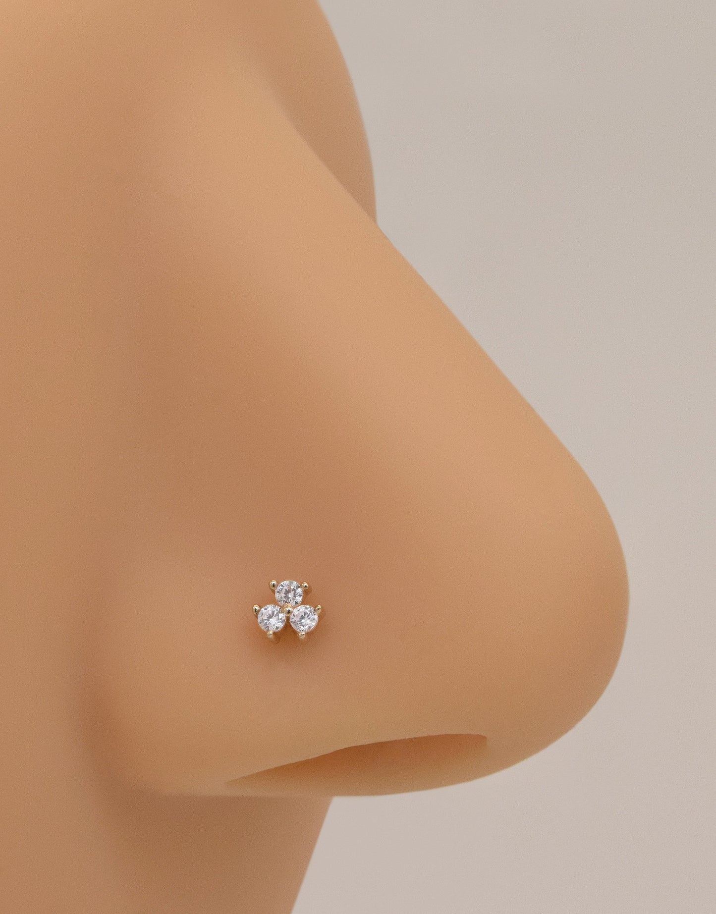 14K Solid Gold Three Stone L-Shape Nose Stud 20g