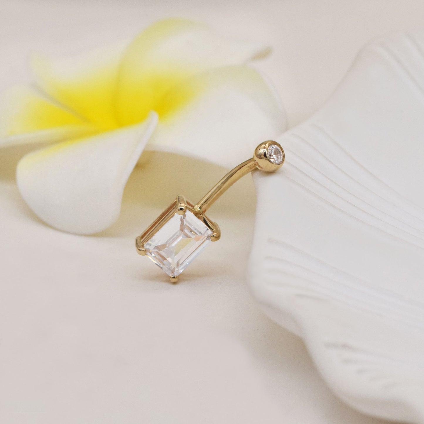 14K Solid Gold Crystal Rectangle Belly Ring