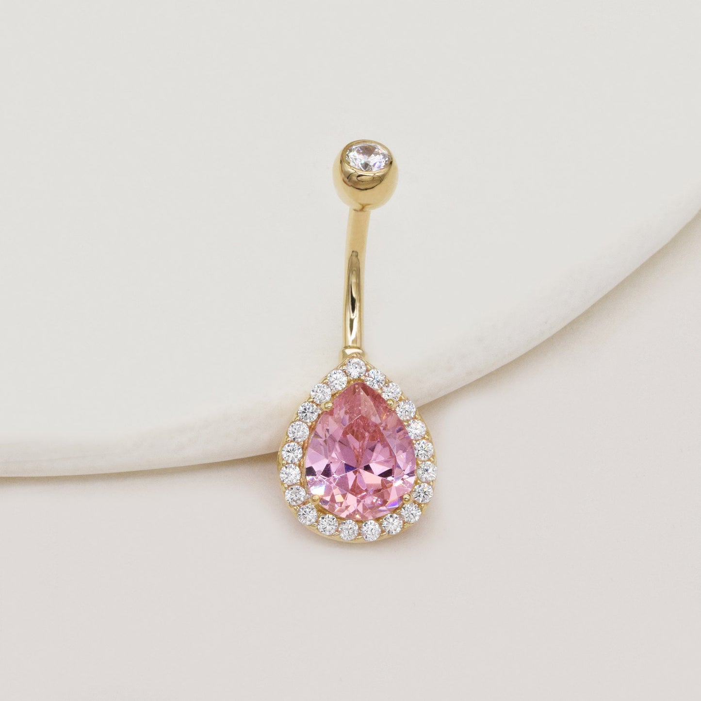 14K Solid Gold Pink Teardrop Belly Ring 14G