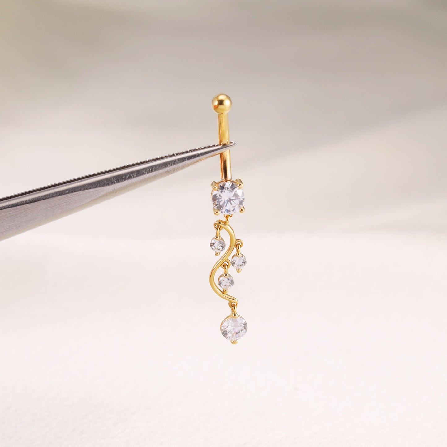 14K Solid Gold Crystal Leaves Belly Ring