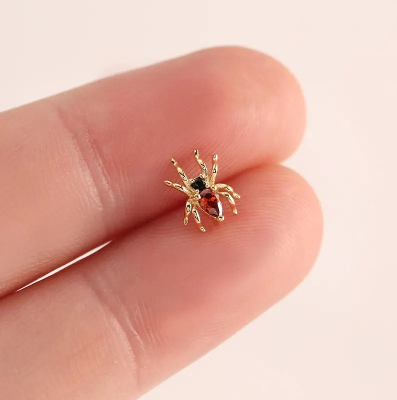 14K Solid Gold Red Spider Stud Earring for Cartilage