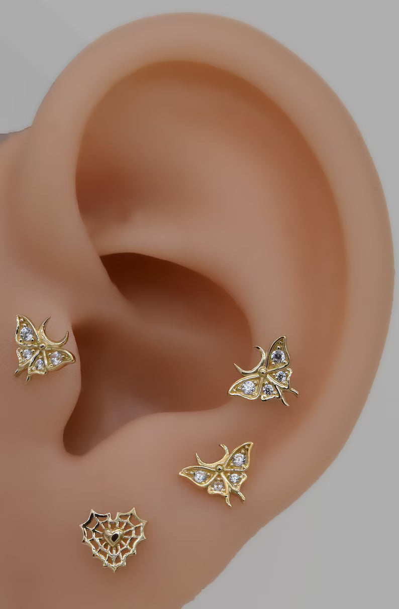 14K Solid Gold Butterfly Heart Helix Earring