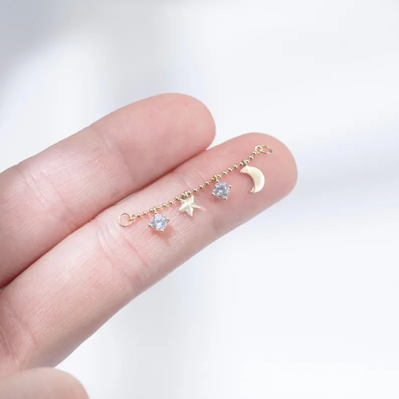 14K Solid Gold Moon & Star Chain Piercing