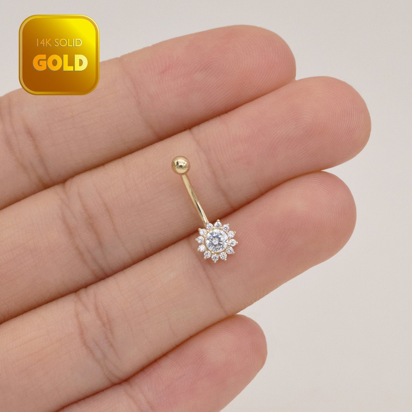 14K Solid Gold Flower Rook Curved Barbell Sunflower Belly Ring 16g