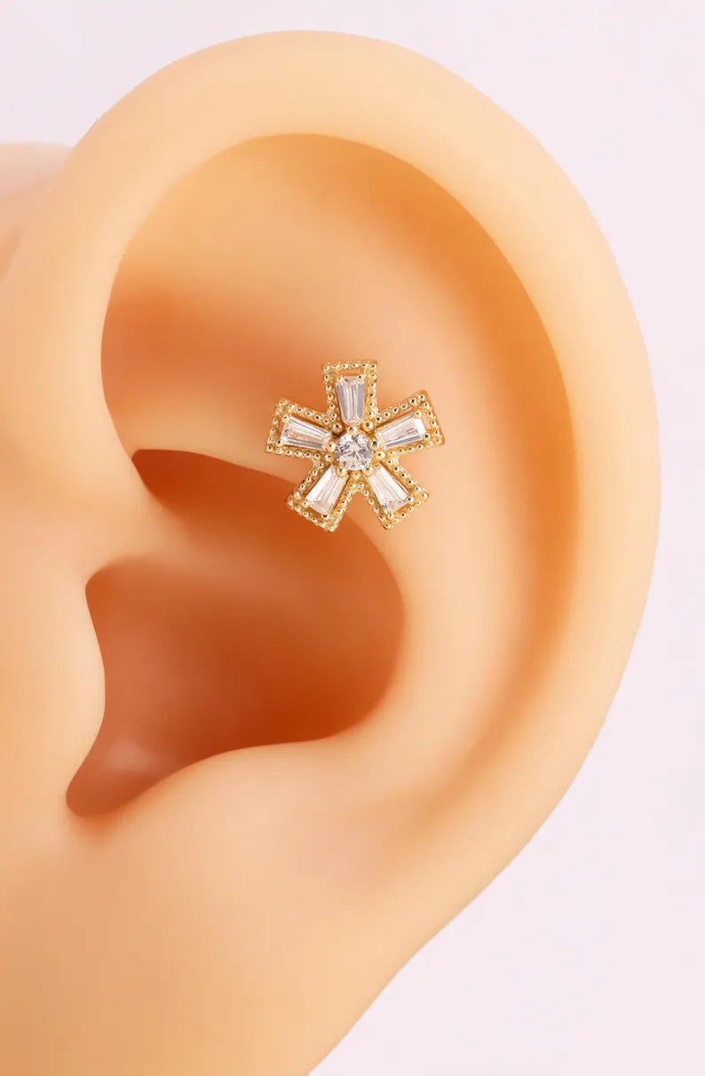 14K Solid Gold Snowflake Flower Cartilage Helix Tragus Stud