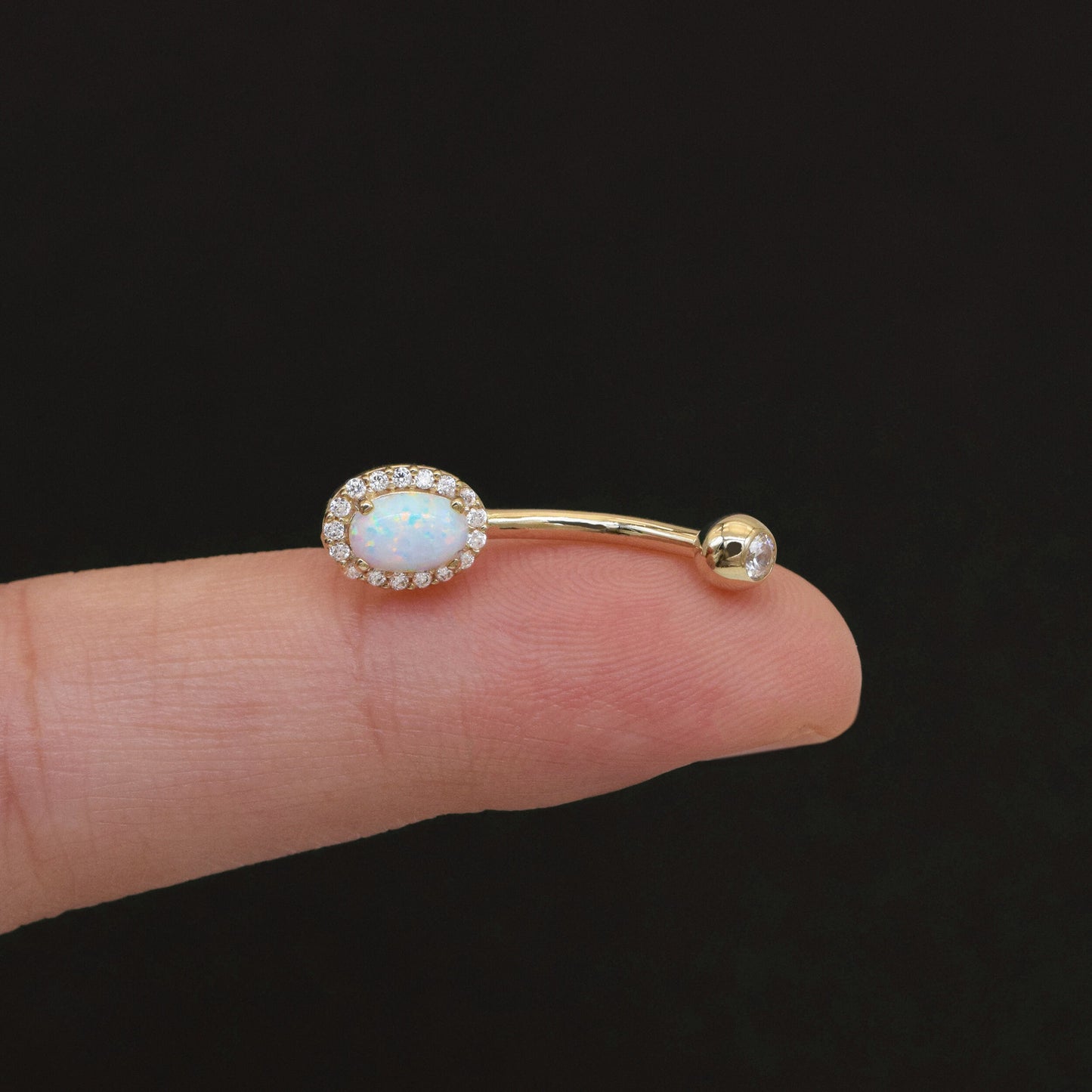 14K Solid Gold Oval Opal Belly Button Ring with Diamond Barbell 14g