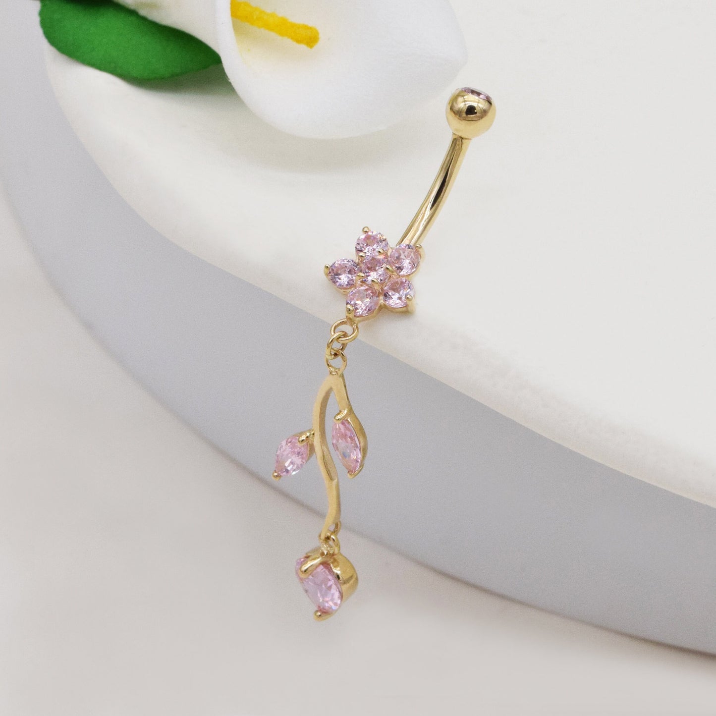 14K Solid Gold Pink Flower Belly Ring