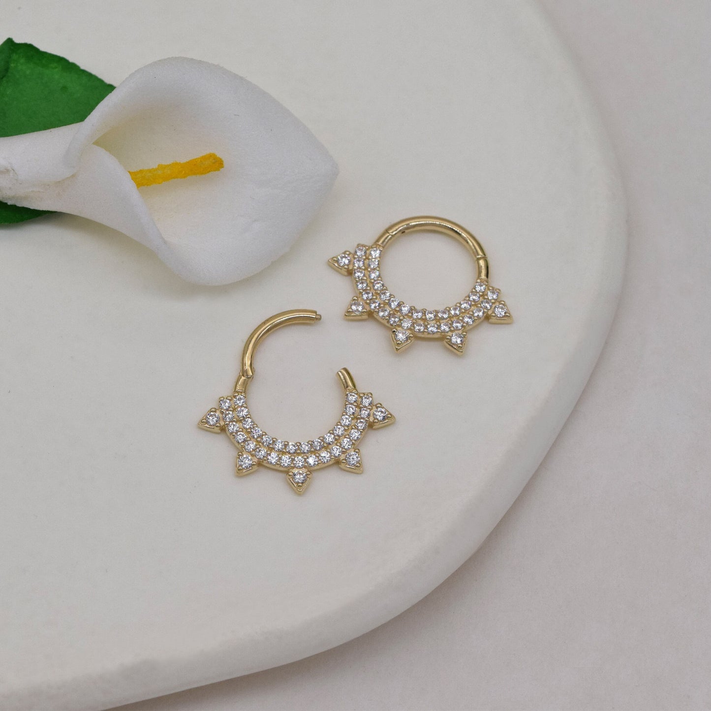 14K Gold Cubic Zirconia Diamond Sunshine Hoop 16G