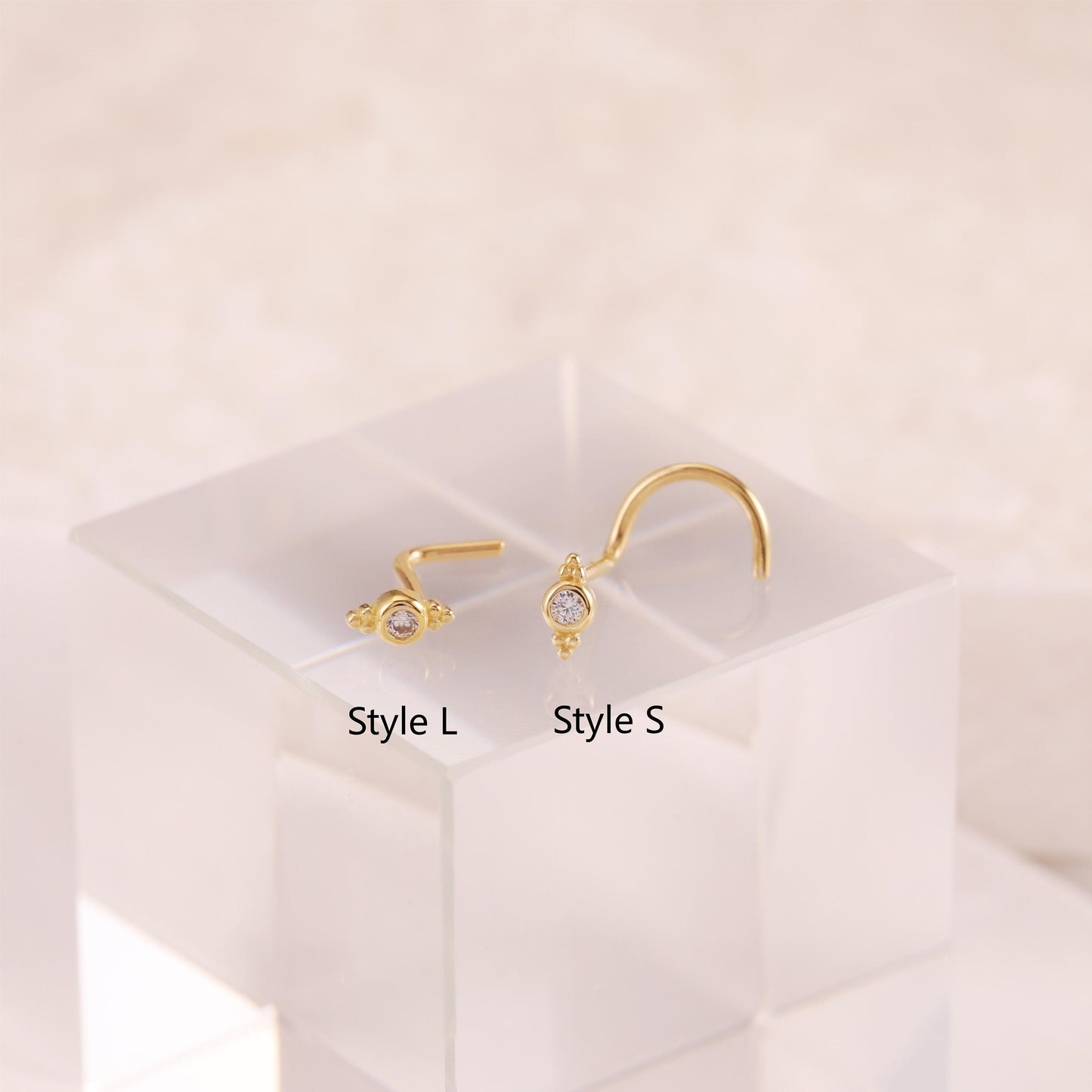 14K Solid Gold S/L Shape Beaded Nose Stud Gemstone 20g