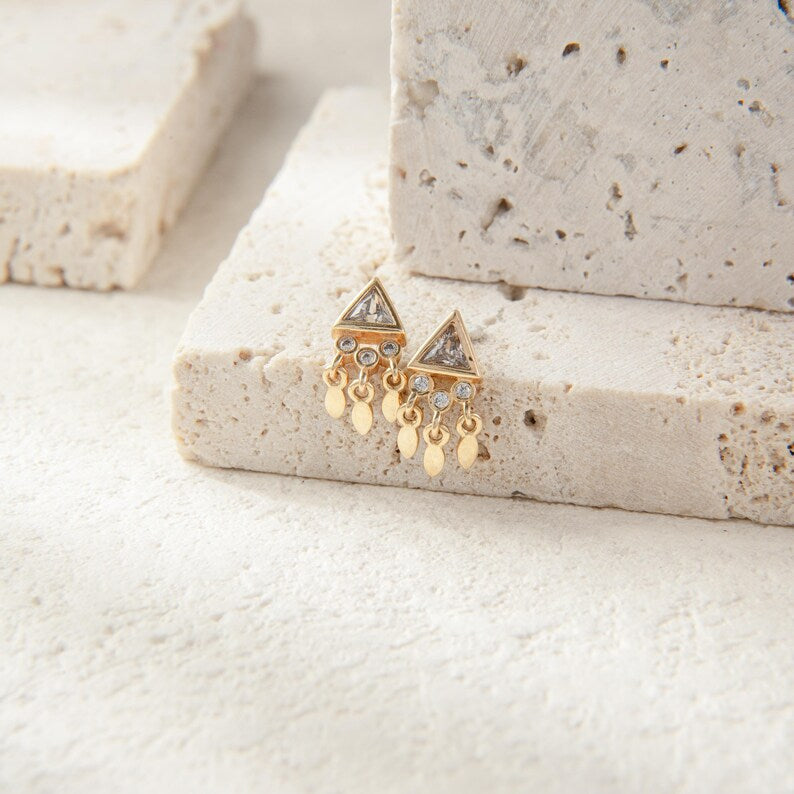 14K Solid Gold Triangle Drop Earring