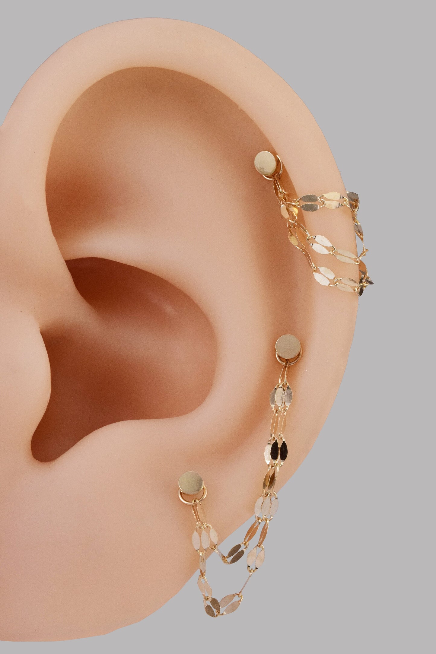 14K Solid Gold Sparkly Double Chain Cartilage Earring