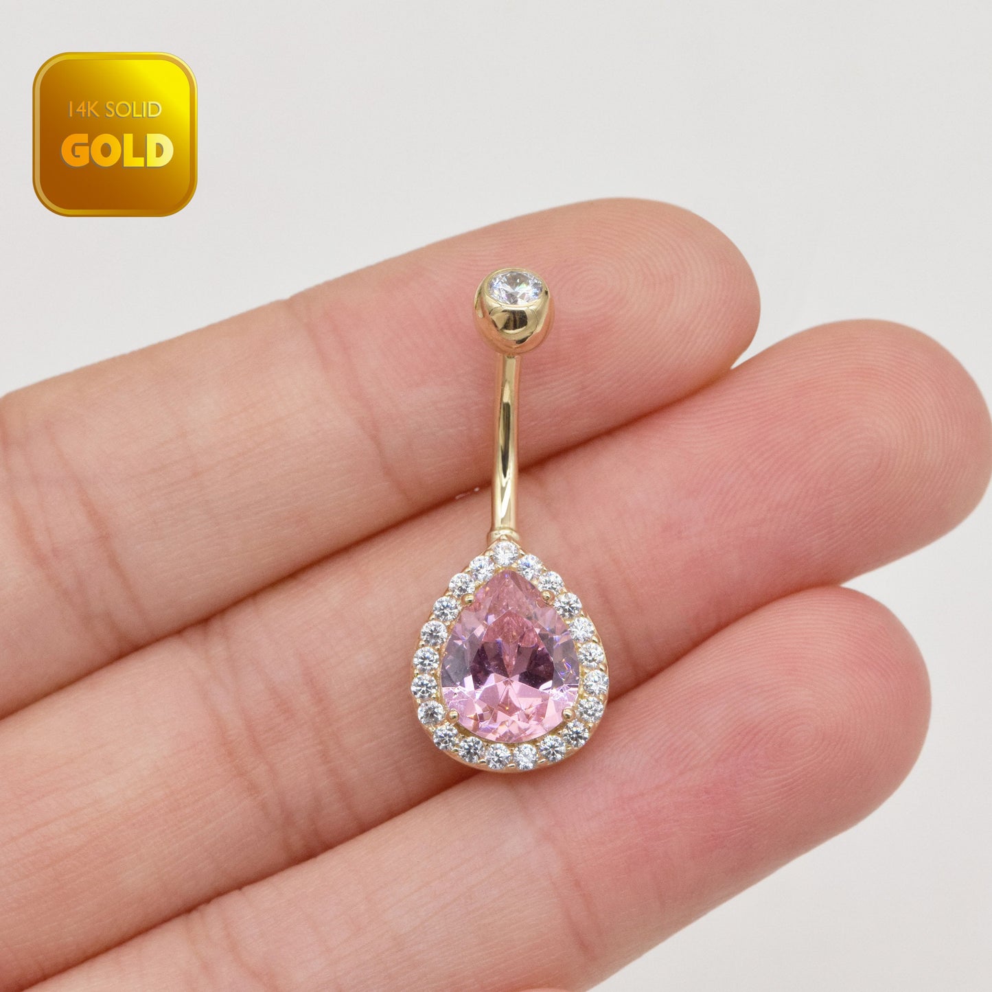14K Solid Gold Pink Teardrop Belly Ring 14G