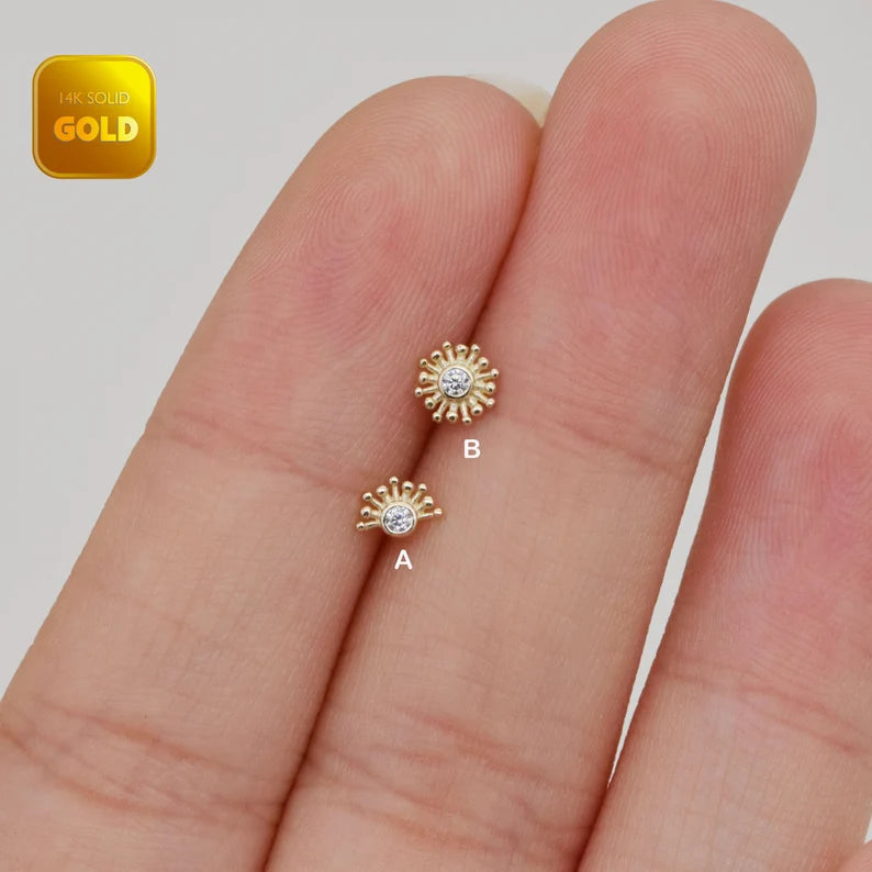 14K Gold Sun Cartilage Stud Earring