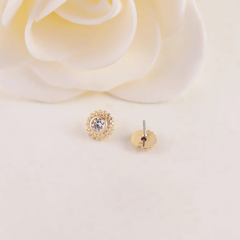 14K Solid Gold Sun Beaded Stud