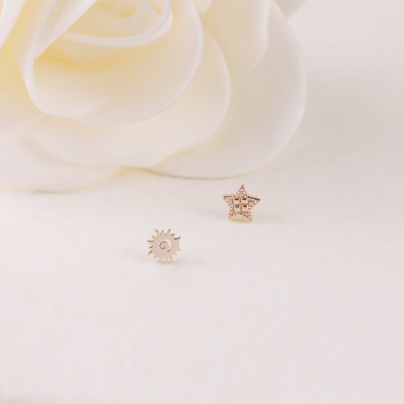 14K Solid Gold Sun & Star Stud Earring for Cartilage