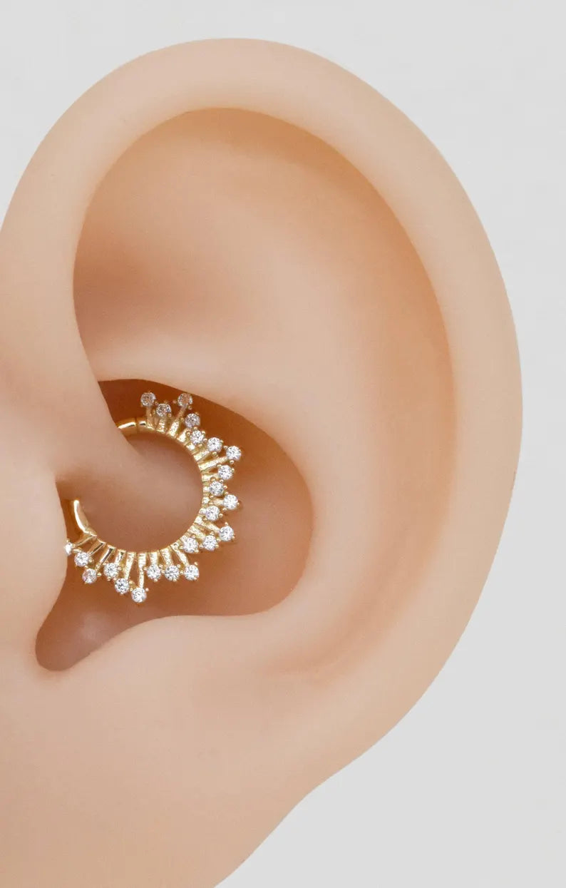 14K Gold Sunburst Daith Septum Hoop 16G