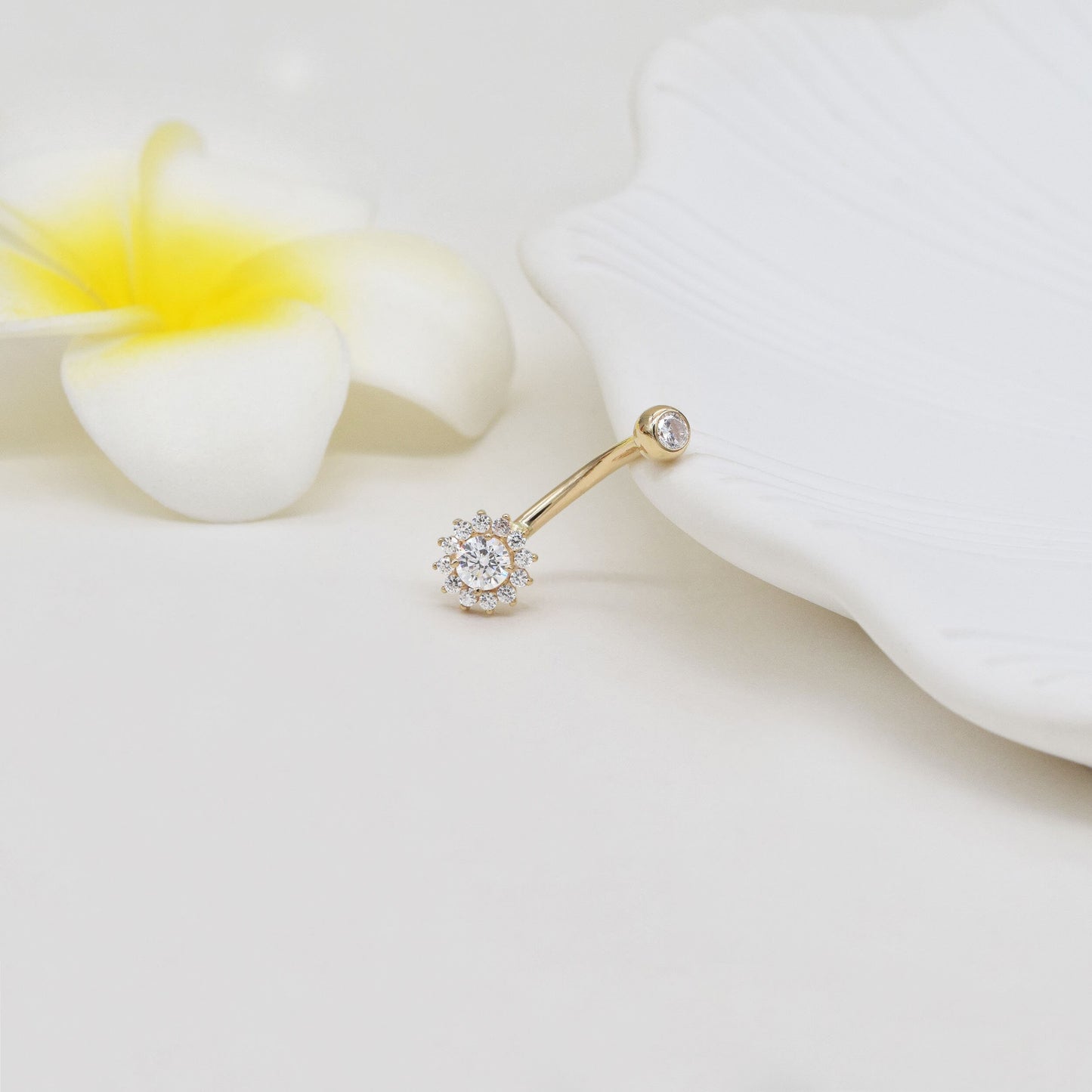 14K Solid Gold Sunflower Belly Ring Curved Barbell 14g