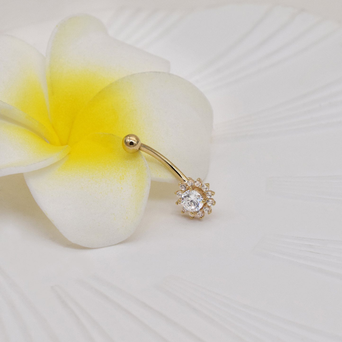 14K Solid Gold Flower Rook Curved Barbell Sunflower Belly Ring 16g