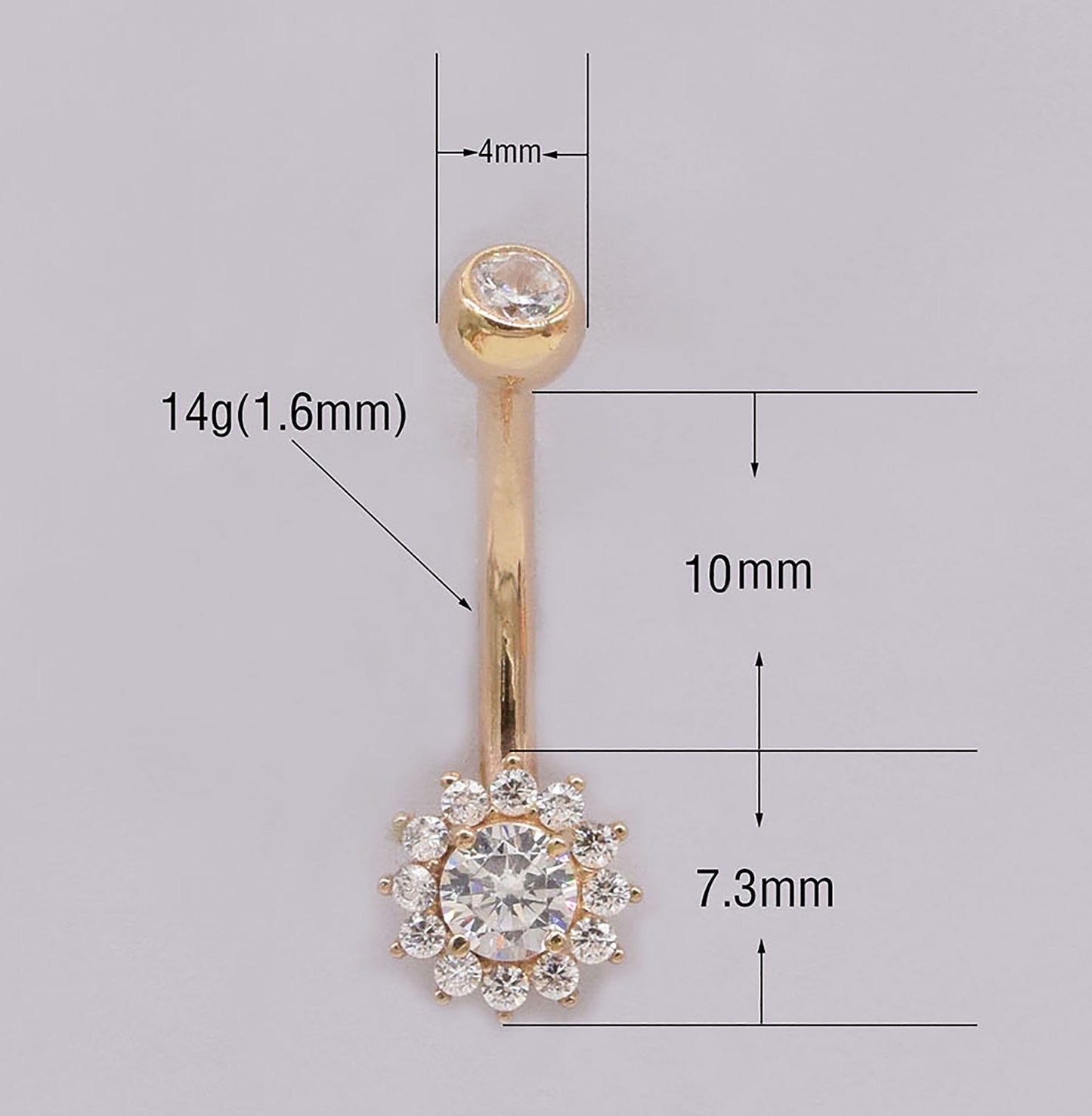 14K Solid Gold Sunflower Belly Ring Curved Barbell 14g