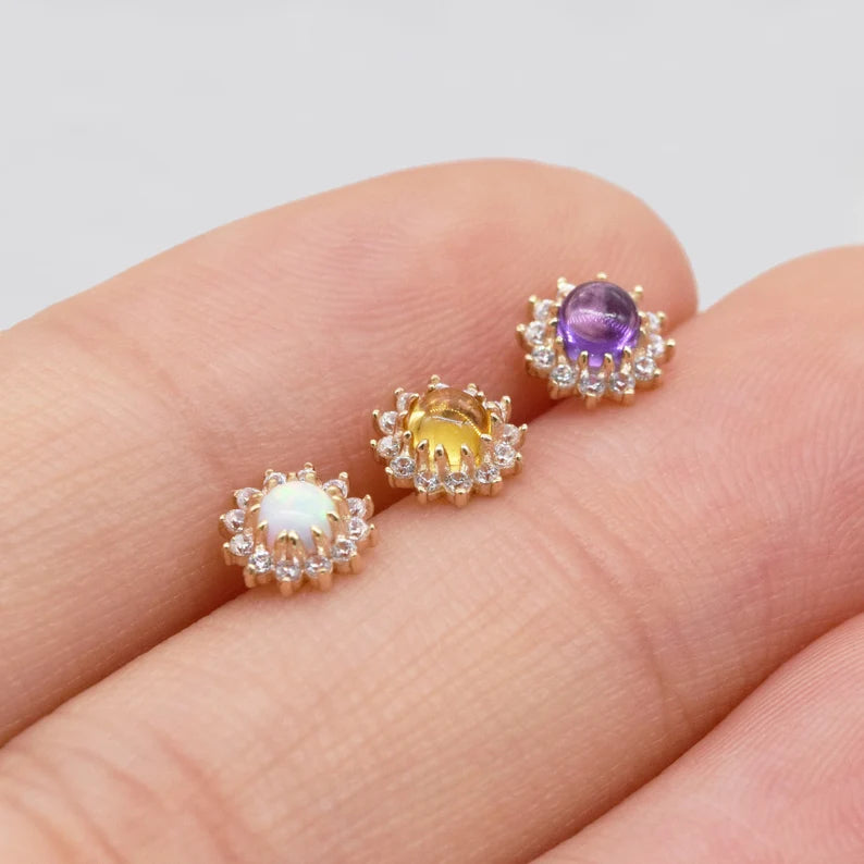 14K Gold Sunflower Opal Cartilage Stud Earring
