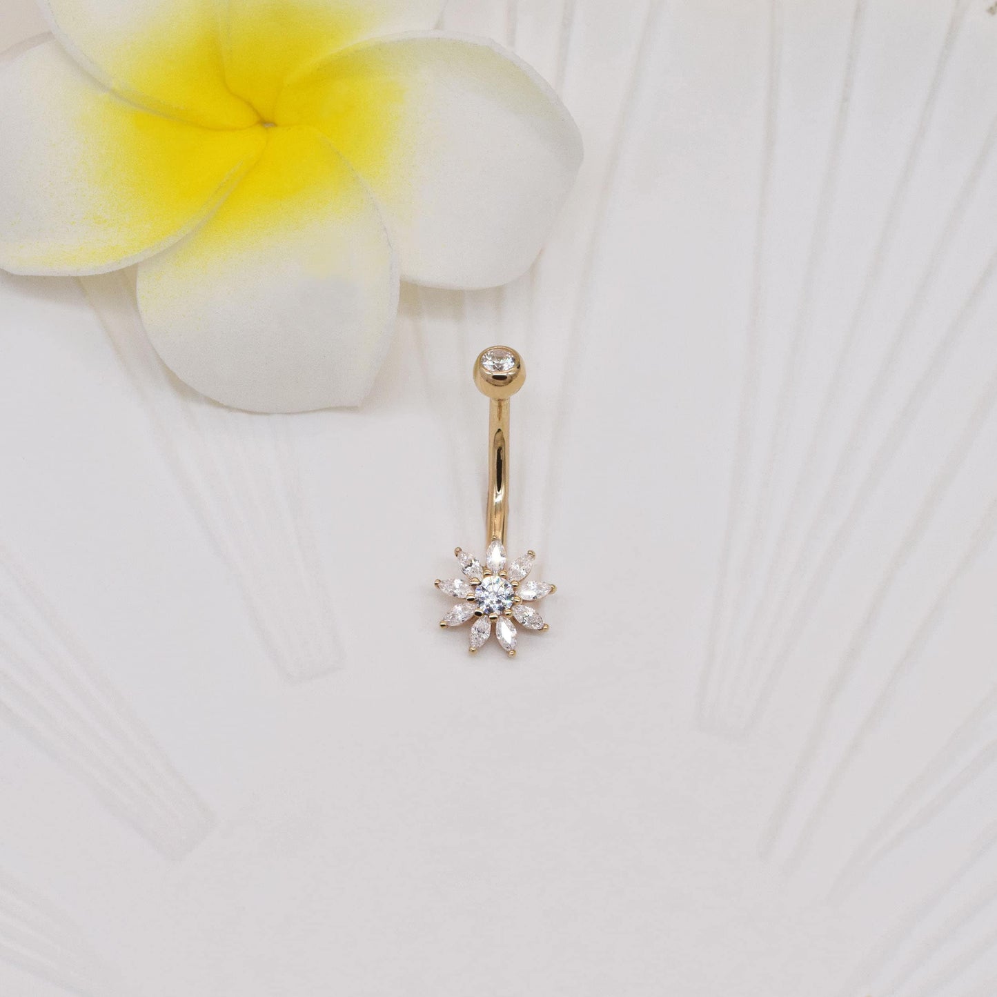 14K Solid Gold Flower Belly Ring Sunflower Cubic Zirconia Navel Piercing 14G