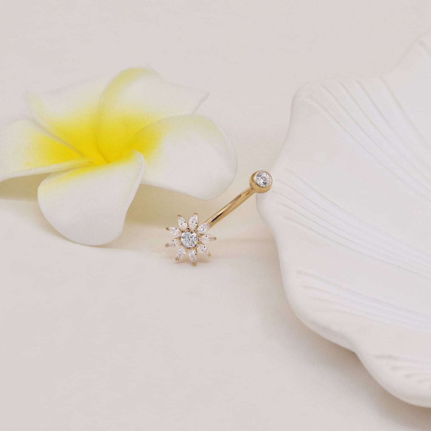 14K Solid Gold Flower Belly Ring Sunflower Cubic Zirconia Navel Piercing 14G
