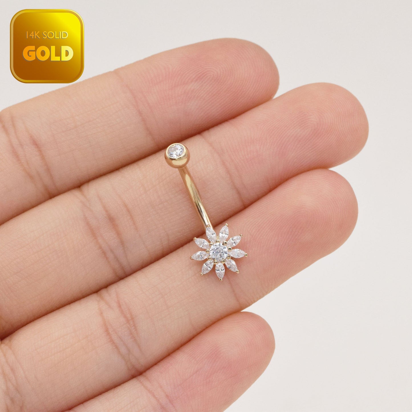 14K Solid Gold Flower Belly Ring Sunflower Cubic Zirconia Navel Piercing 14G