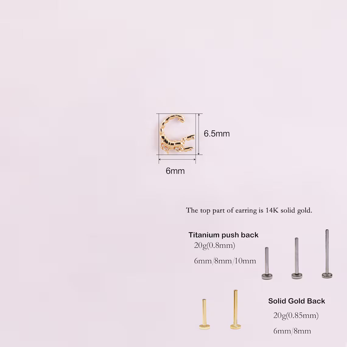 14K Gold Scorpion Stud Earring for Piercing