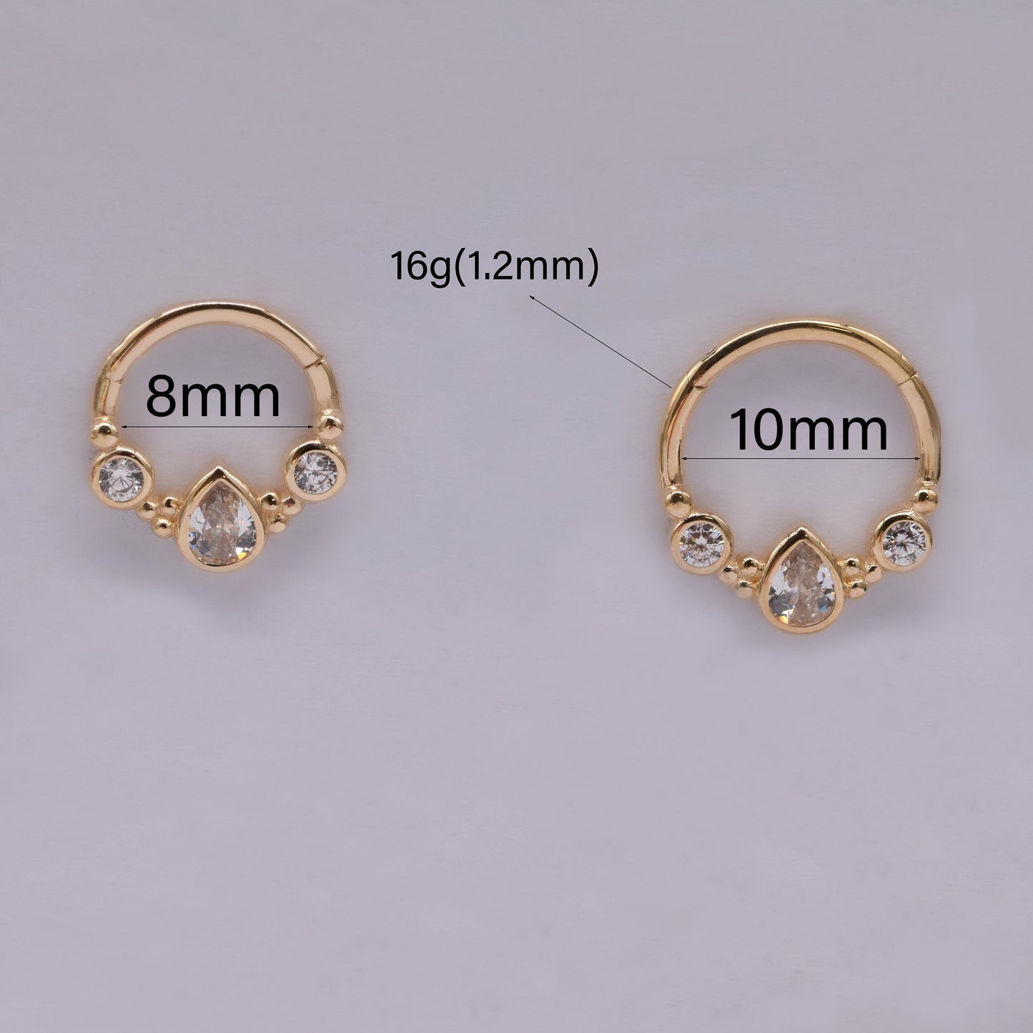 14K Solid Gold Teardrop Bezel Hoop Septum Nose Ring Cartilage Daith 16g