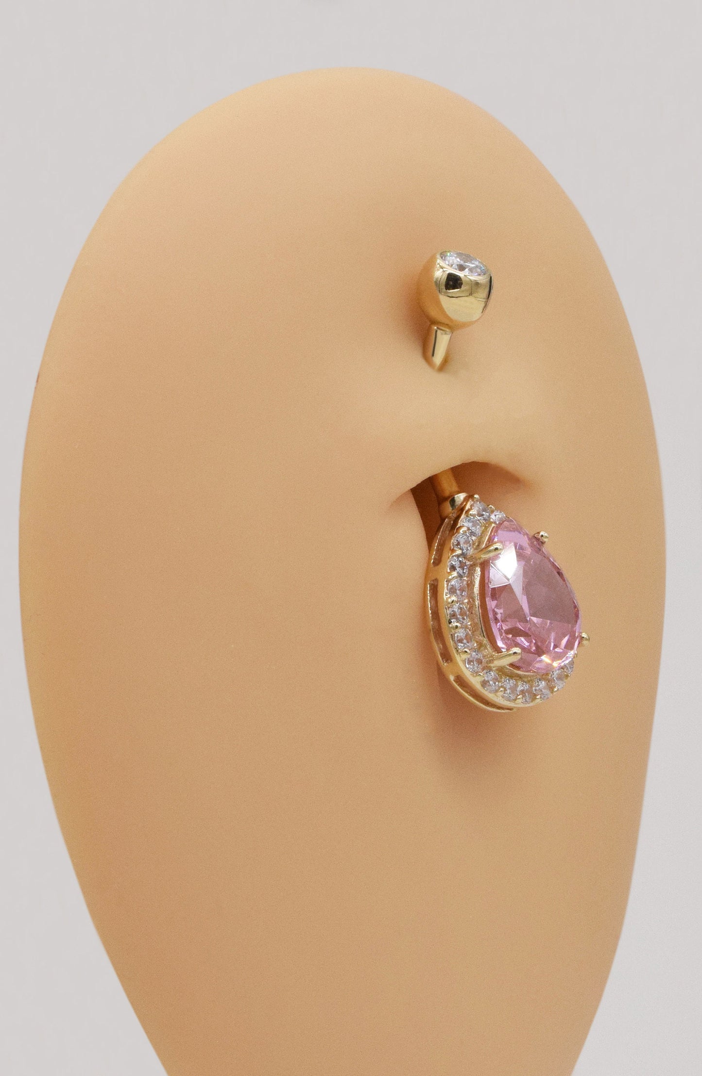 14K Solid Gold Pink Teardrop Belly Ring 14G