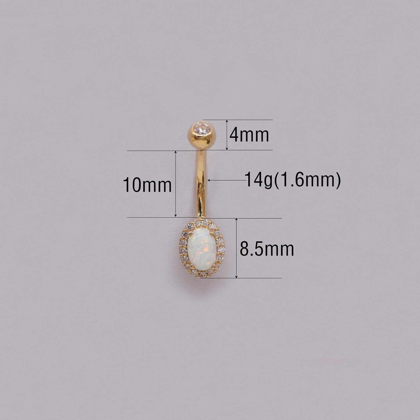14K Solid Gold Oval Opal Belly Button Ring with Diamond Barbell 14g