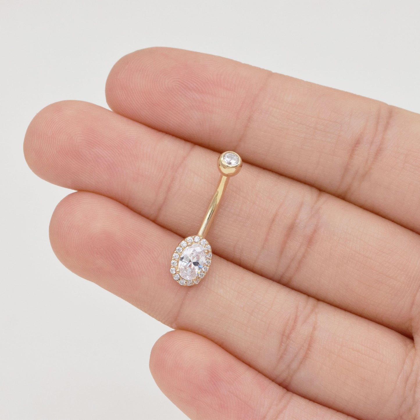 14K Solid Gold Diamond Belly Button Ring 14g Oval Navel Piercing 14g