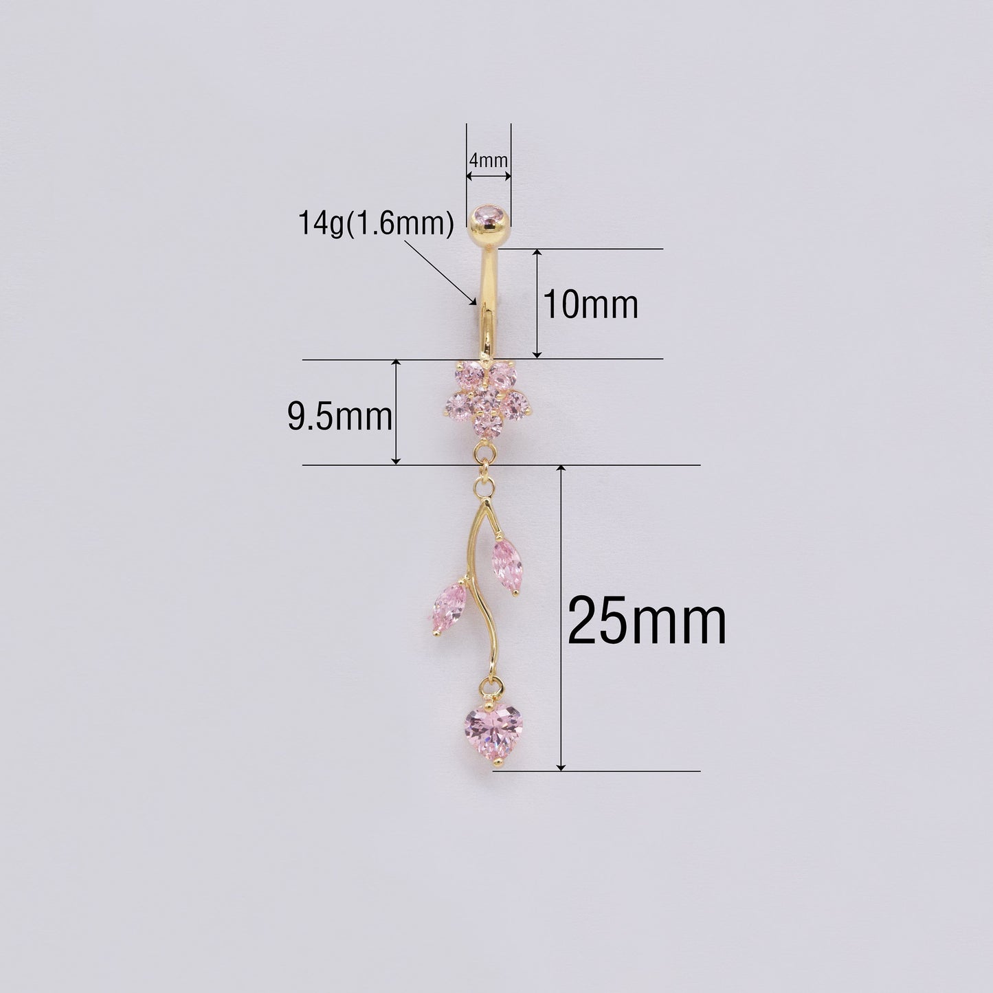 14K Solid Gold Pink Flower Belly Ring