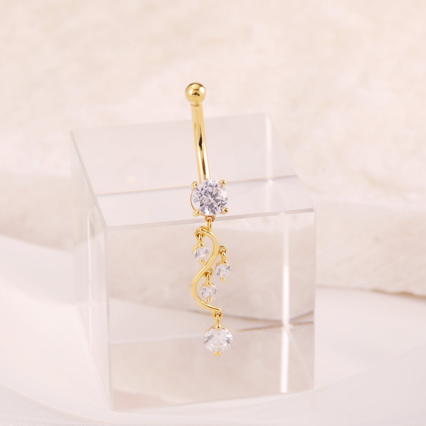 14K Solid Gold Crystal Leaves Belly Ring