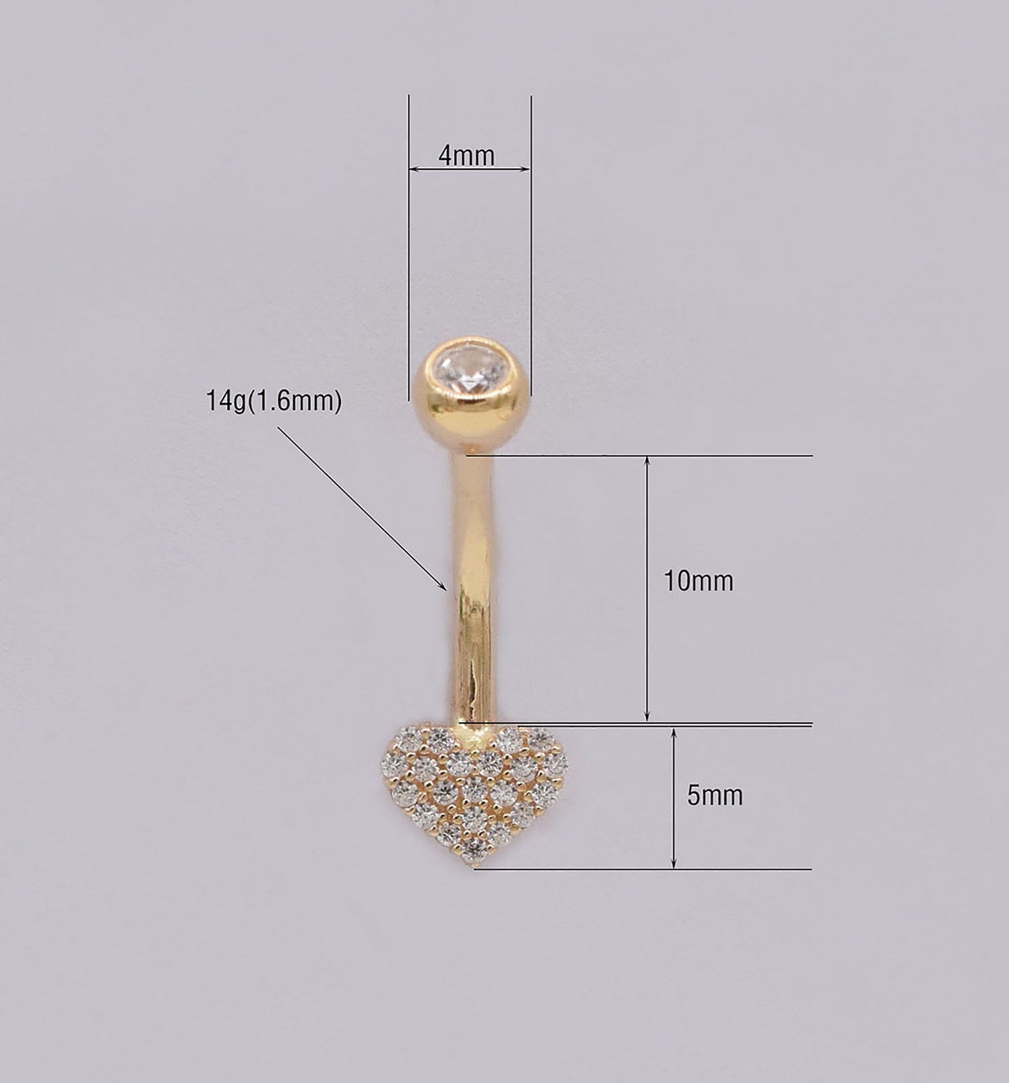 14K Solid Gold Heart Belly Ring 14g
