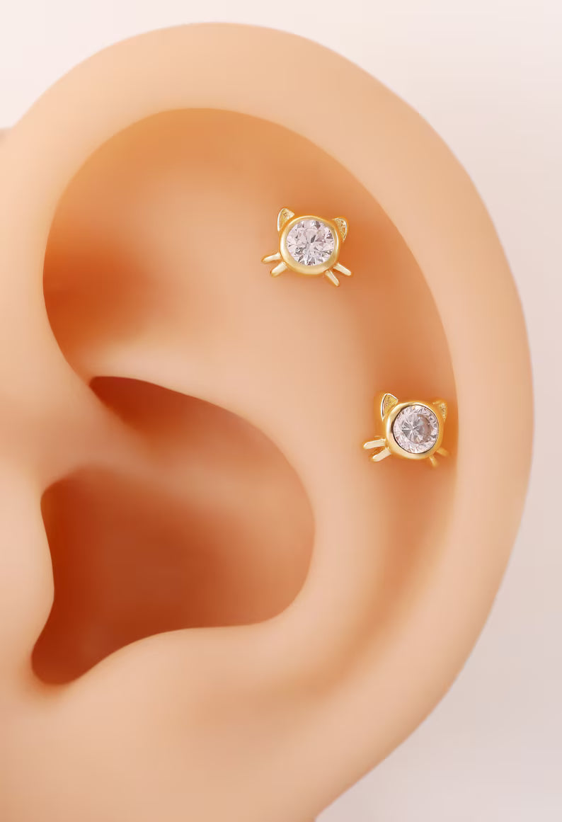 14K Gold Cat Cartilage Kitten Stud Earring