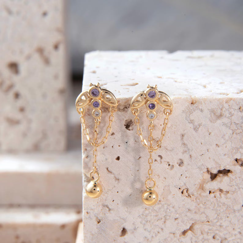 14K Gold Butterfly Chain Stud Earring