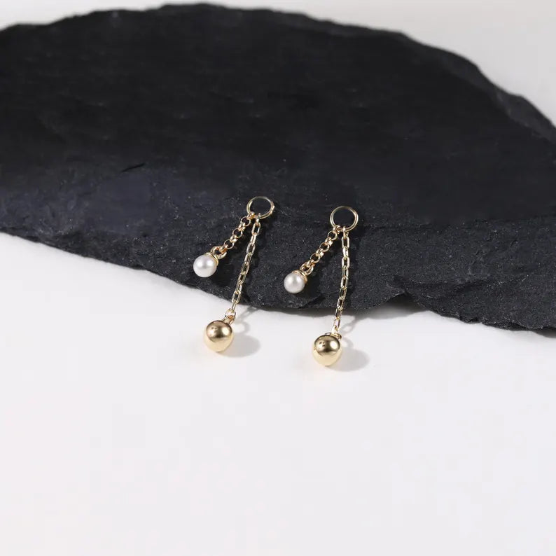 14K Gold Pearl Ball Dangle Chain Helix Earring
